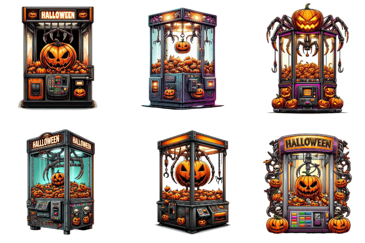 26 Halloween Claw Machine Clipart Bundle PNG, Spooky Pumpkin Arcade Game Sublimation