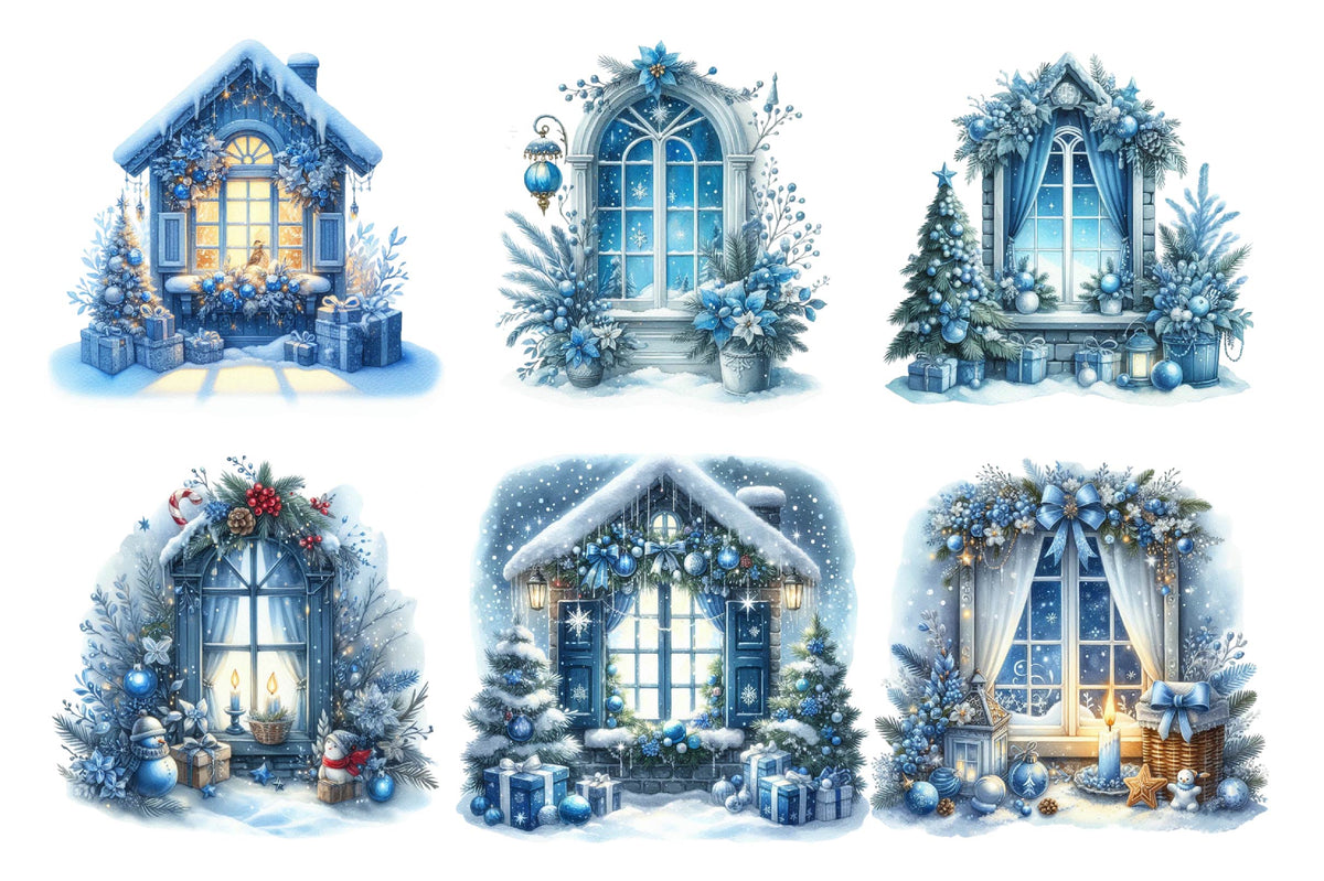 Christmas Blue Window PNG Clipart Bundle