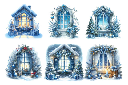 Christmas Blue Window PNG Clipart Bundle