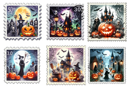 24 Halloween Sublimation Postage Stamps PNG Bundle