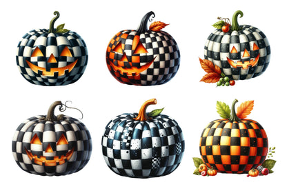 Checkered Pumpkin Halloween Watercolor PNG Bundle