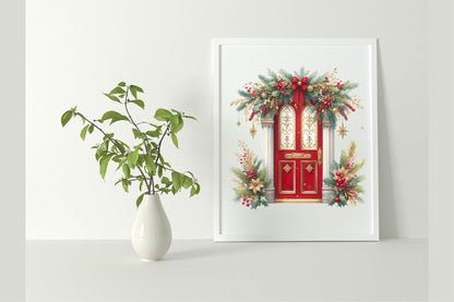 25 Christmas Red And Gold Door Clipart Bundle