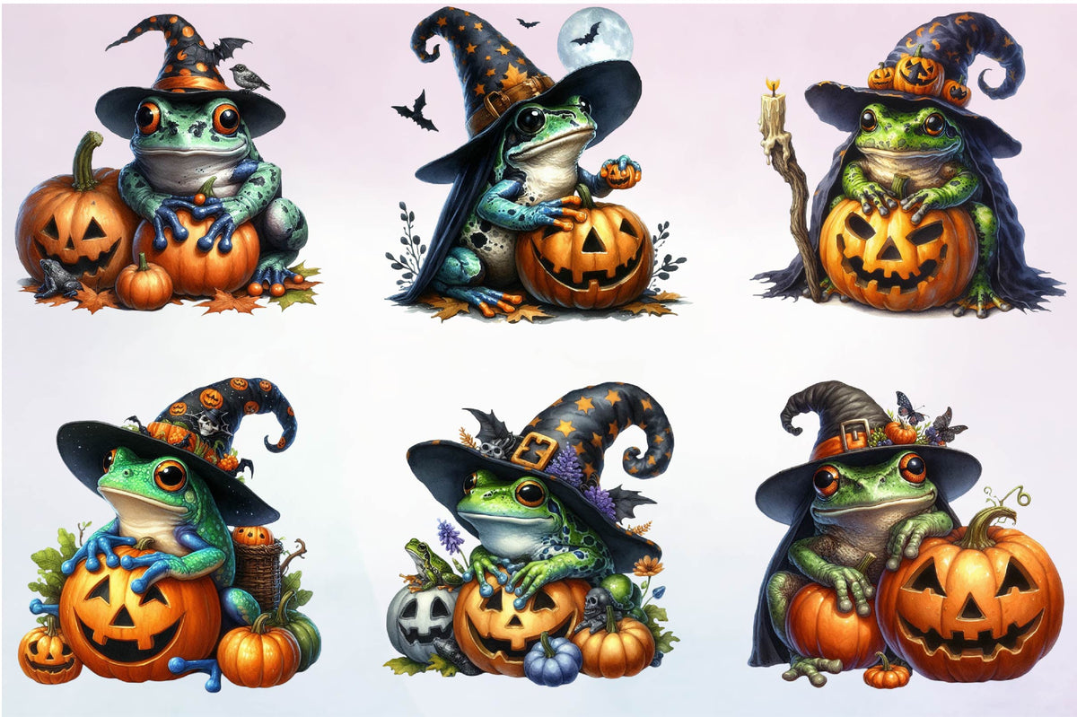 28 Halloween Frog Clipart Bundle PNG, Cute Witch Frog Pumpkin Sublimation Designs, Spooky Autumn