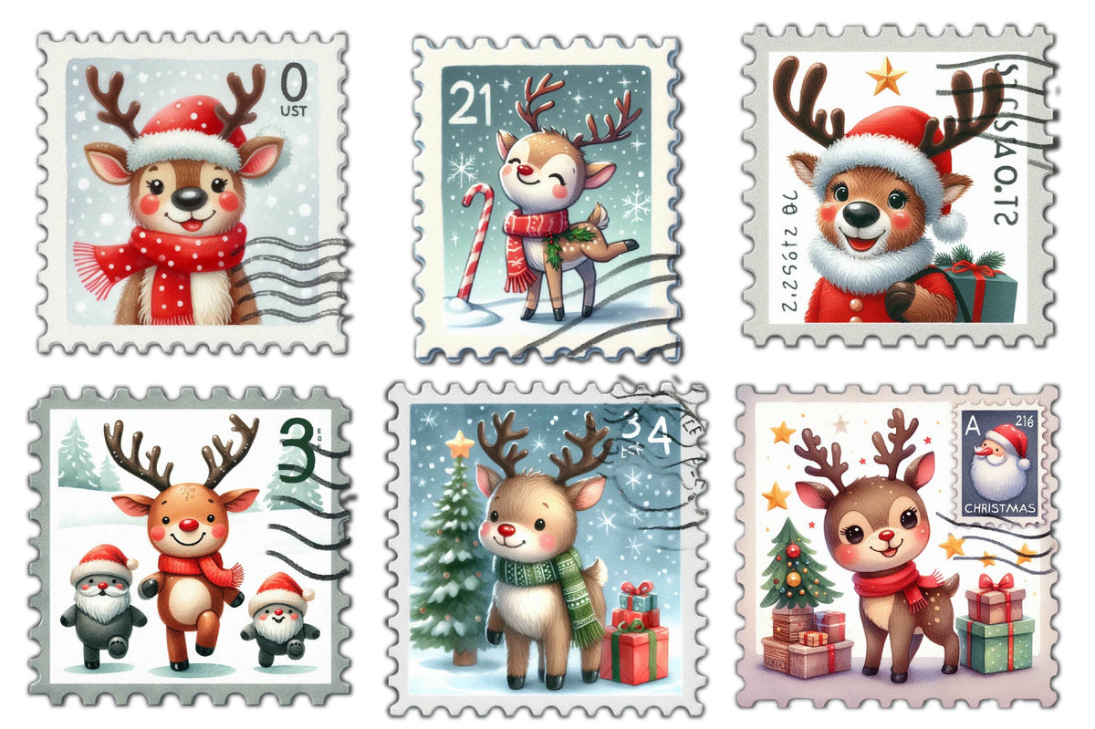 24 Christmas Reindeer Postage Stamps PNG Bundle