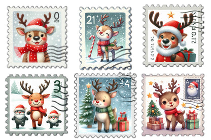 24 Christmas Reindeer Postage Stamps PNG Bundle