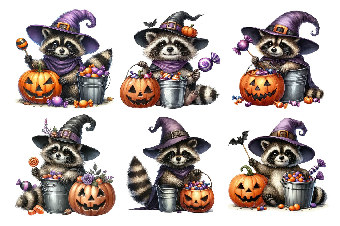 Halloween Raccoon Witch Watercolor Clipart PNG Bundle