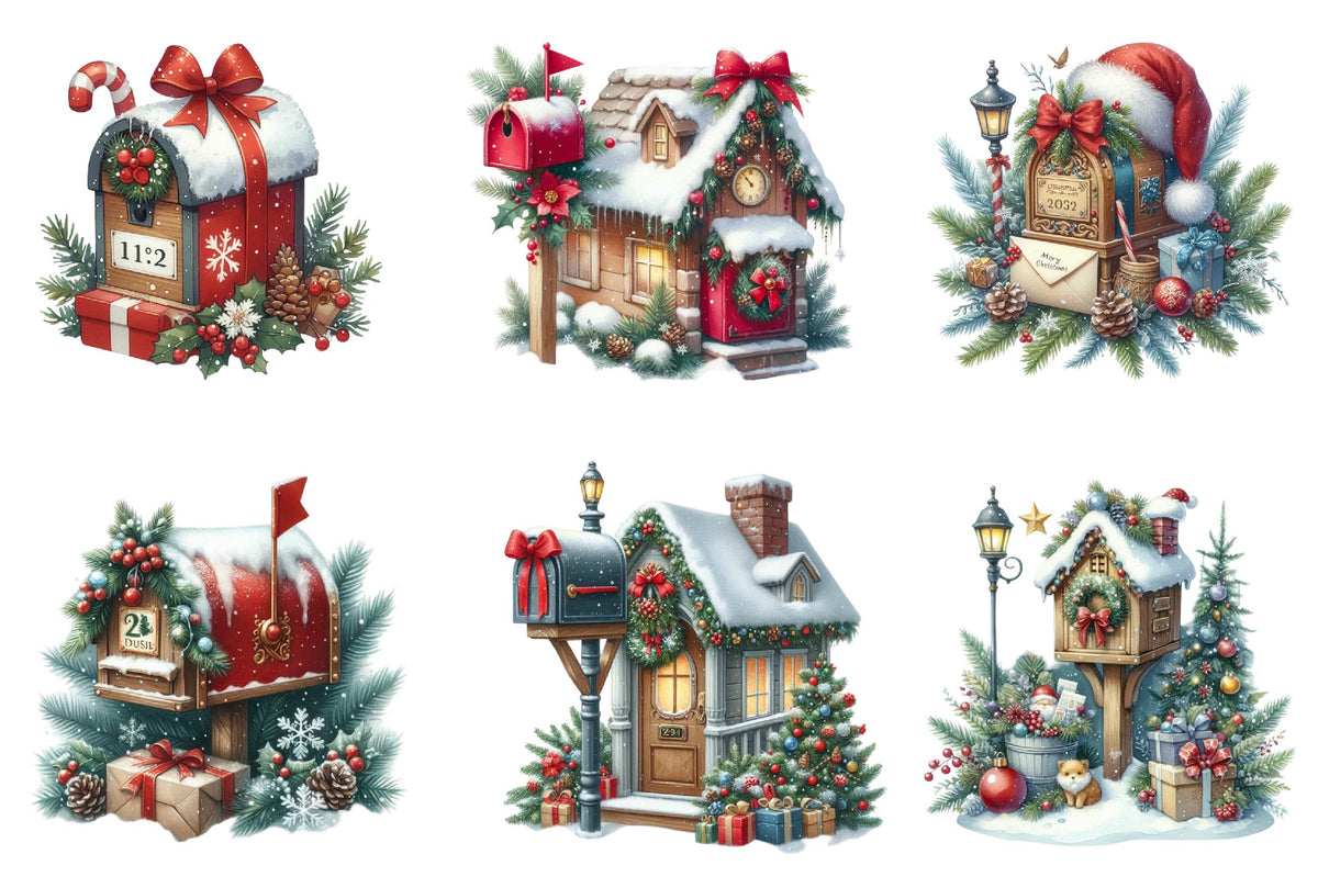 26 Christmas Mailbox Clipart Bundle PNG, Winter Mailbox Christmas Sublimation
