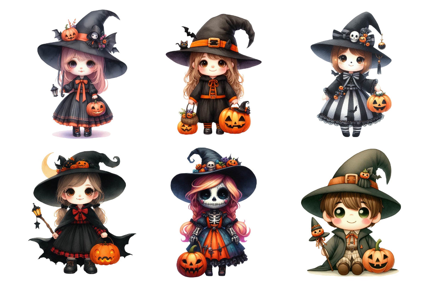 Halloween Witch Doll Watercolor Clipart PNG Bundle