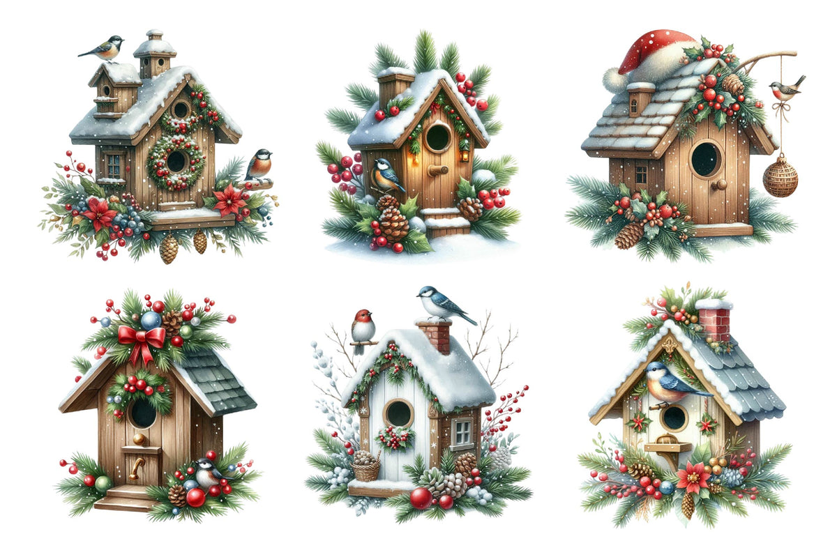 Christmas Bird House Watercolor Clipart PNG Bundle