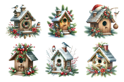 Christmas Bird House Watercolor Clipart PNG Bundle