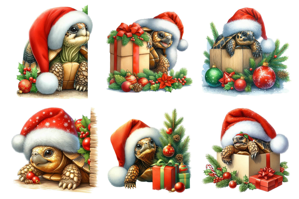 Christmas Tortoise Santa Watercolor Clipart PNG Bundle