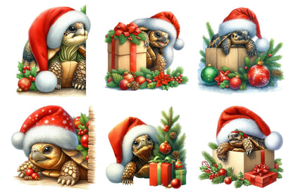 Christmas Tortoise Santa Watercolor Clipart PNG Bundle