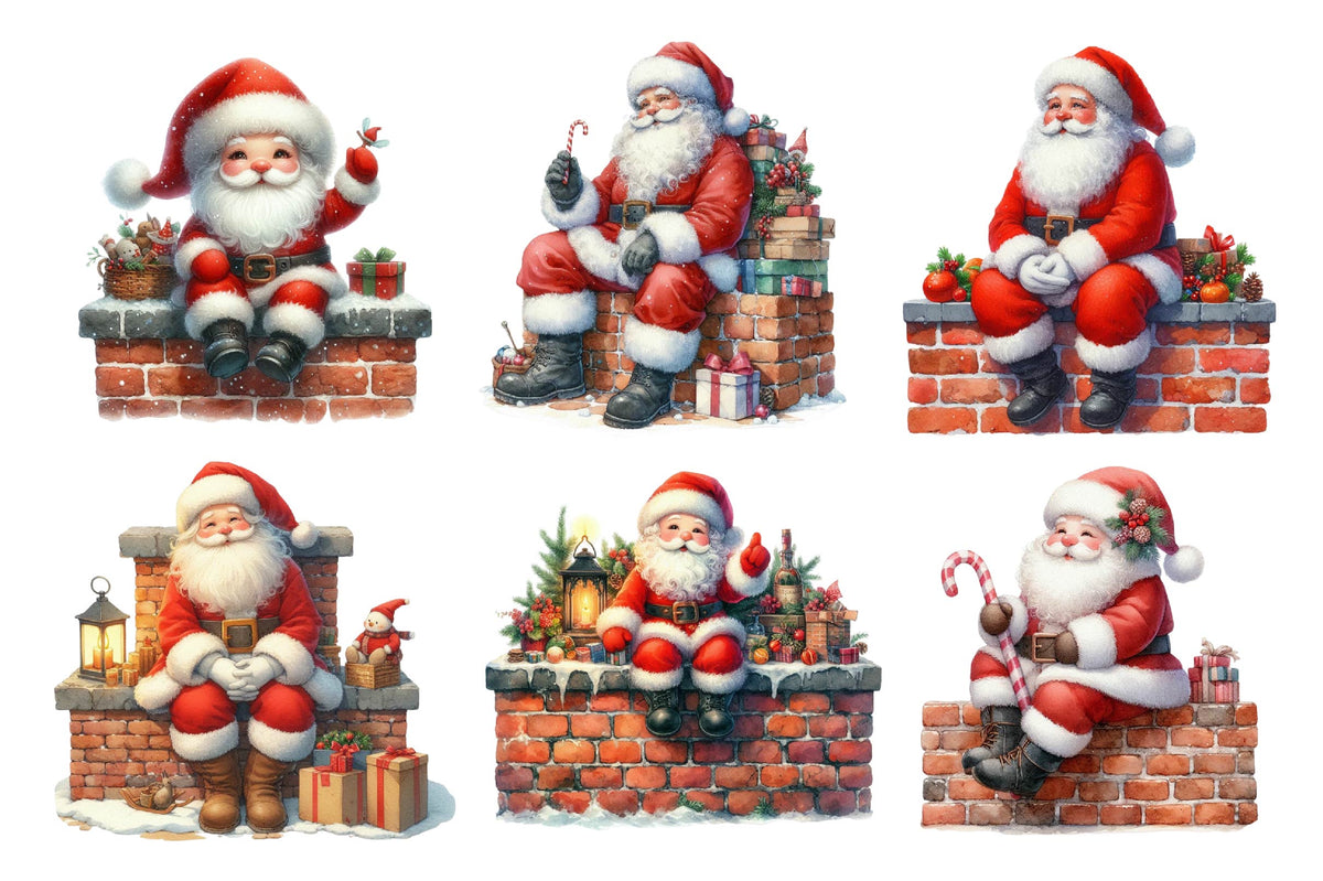Christmas Santa on Brick Chimney Watercolor Clipart PNG Bundle