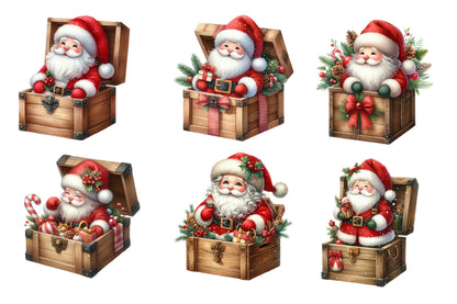 Christmas Santa in Wooden Box Watercolor Clipart PNG Bundle