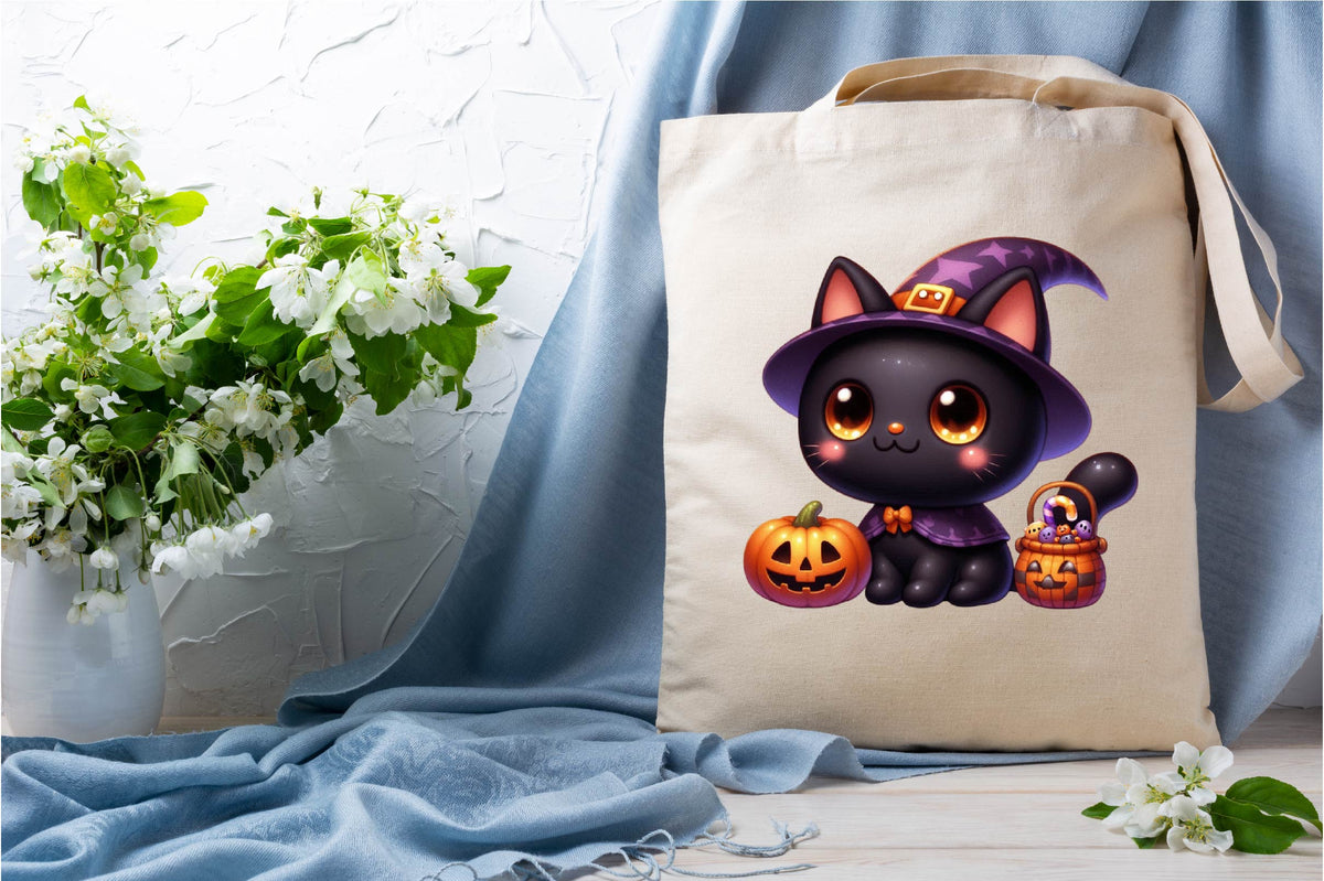 30 Halloween Kawaii Black Cat Clipart Bundle PNG, Cute Witch Cat Jack O Lantern Sublimation Designs