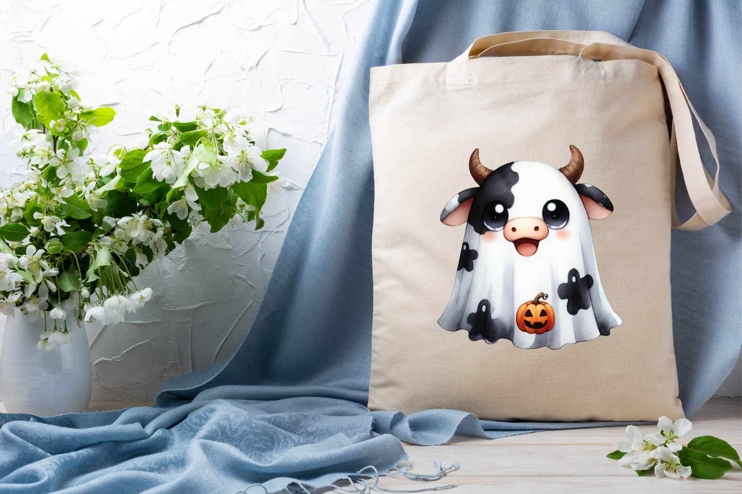 Halloween Cute Cow Ghost Watercolor Clipart PNG Bundle