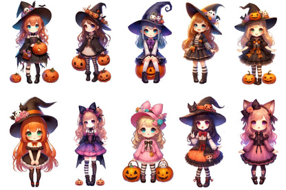 22 Halloween Cute Girl Watercolor Clipart PNG Bundle