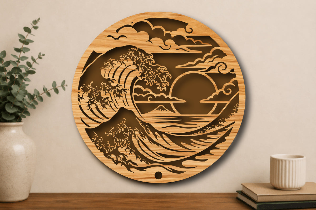 Japanese Great Wave Round Laser Cut SVG