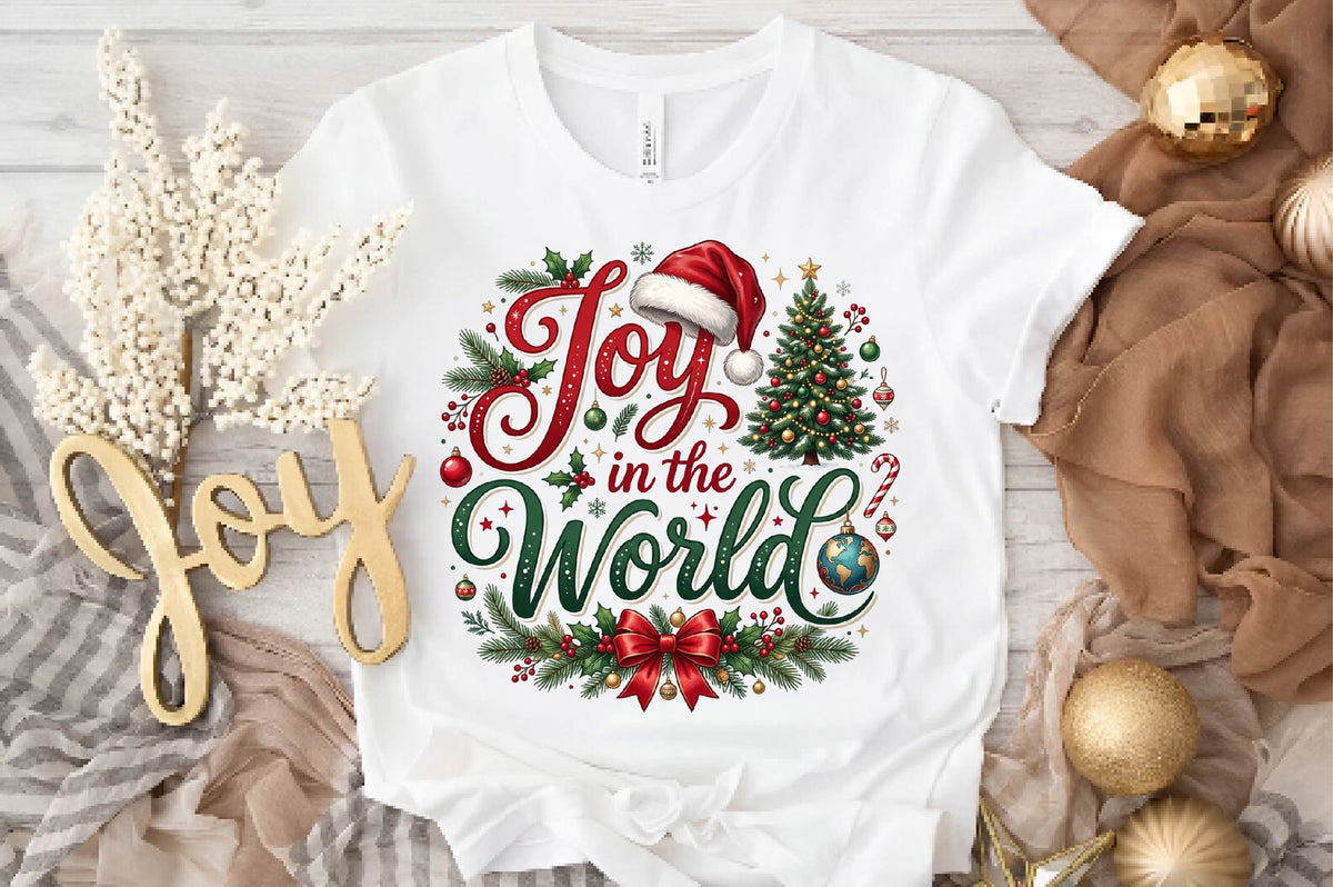 Joy in the World Christmas PNG, Christmas Tree Sublimation Design, Holiday Shirt PNG, Santa Hat Christmas Digital Download
