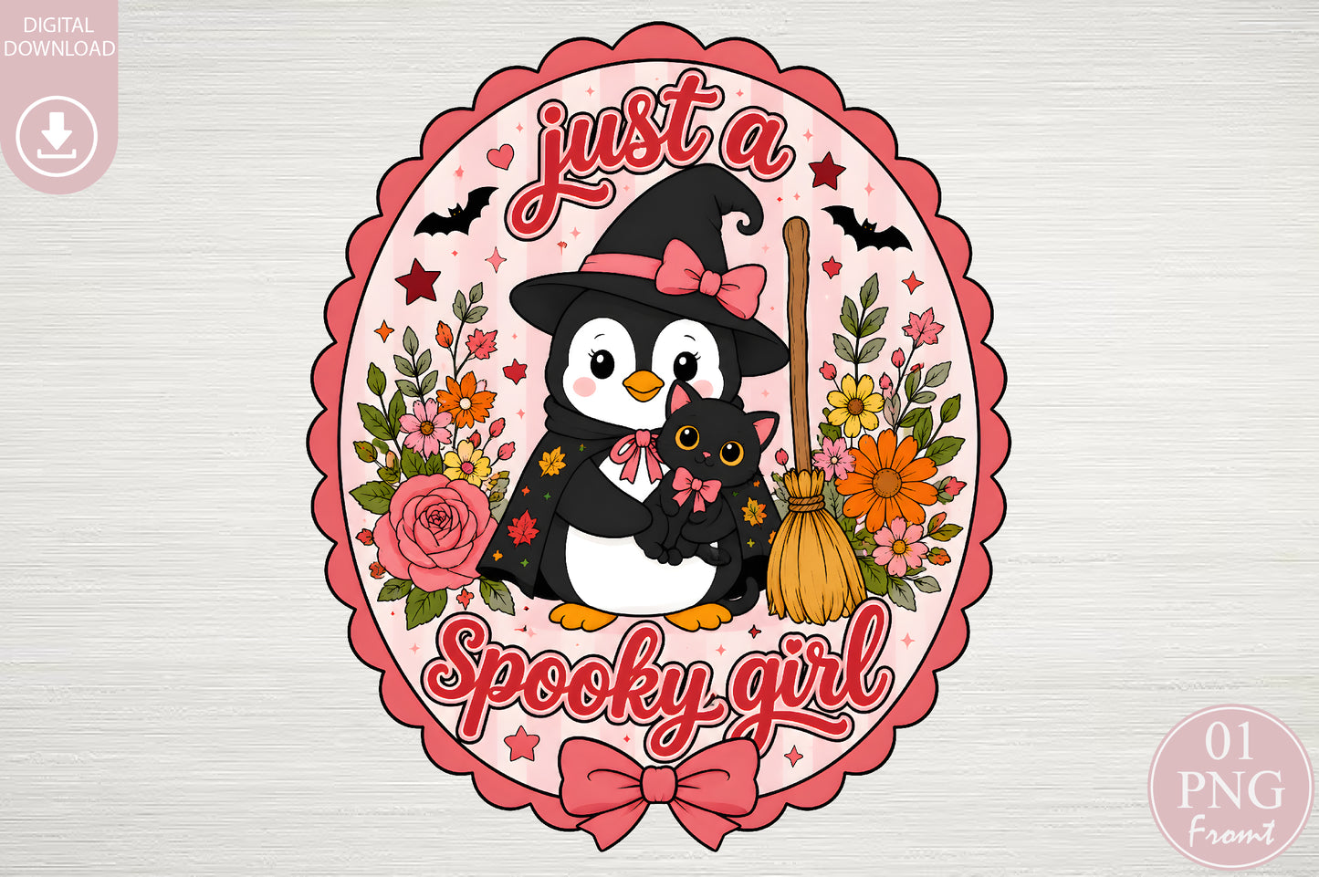 Just A Spooky Girl PNG Cute Witch Penguin Halloween Sublimation Design
