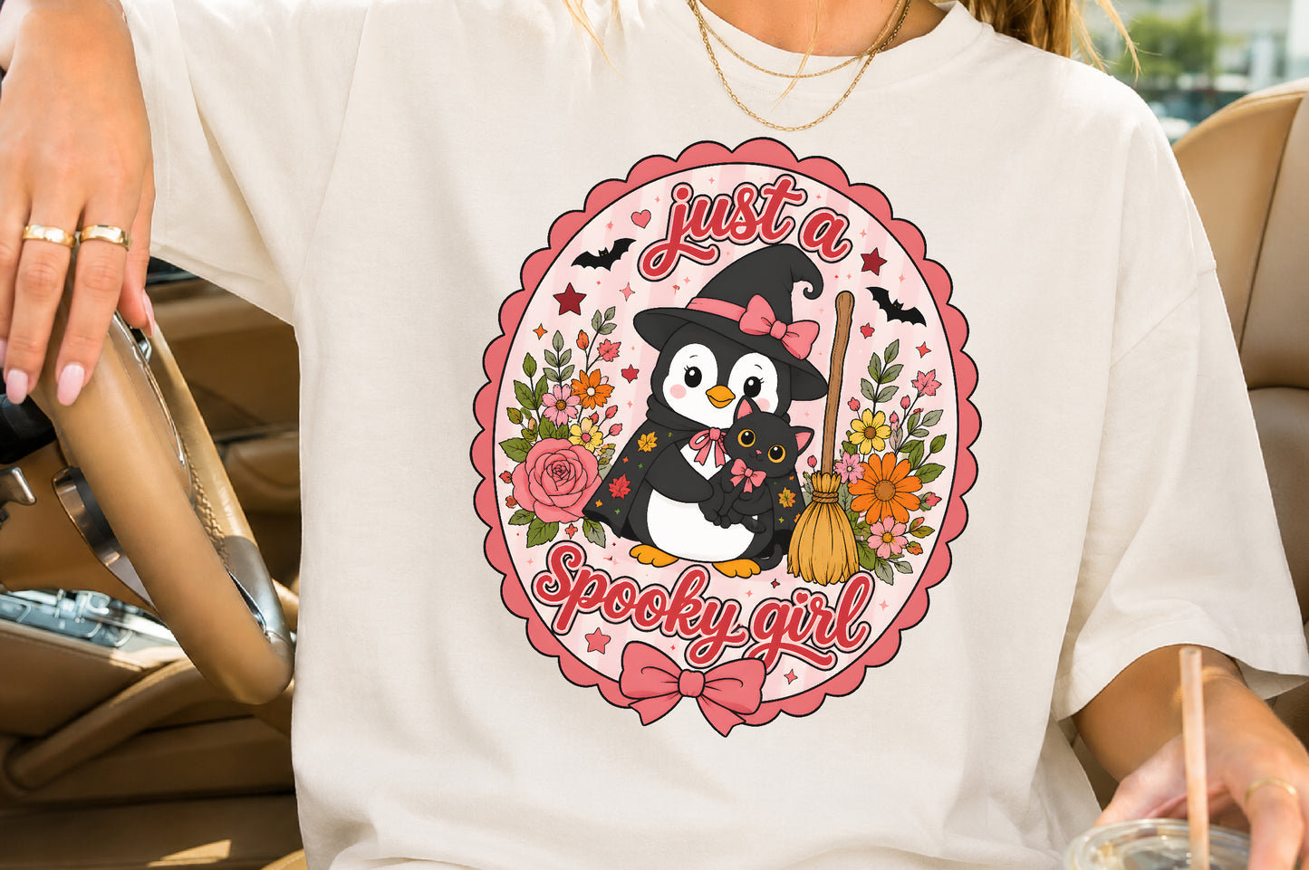 Just A Spooky Girl PNG Cute Witch Penguin Halloween Sublimation Design