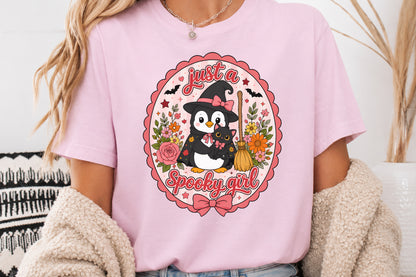 Just A Spooky Girl PNG Cute Witch Penguin Halloween Sublimation Design