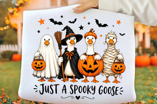 Just A Spooky Goose PNG | Halloween Goose Ghost Witch Pumpkin Mummy Clipart | Funny Spooky Season Sublimation Design