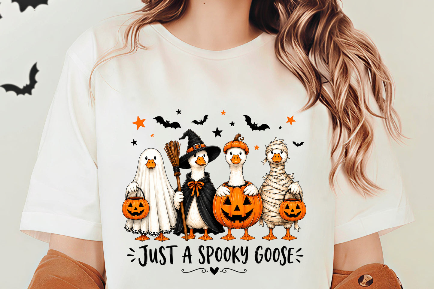 Just A Spooky Goose PNG | Halloween Goose Ghost Witch Pumpkin Mummy Clipart | Funny Spooky Season Sublimation Design