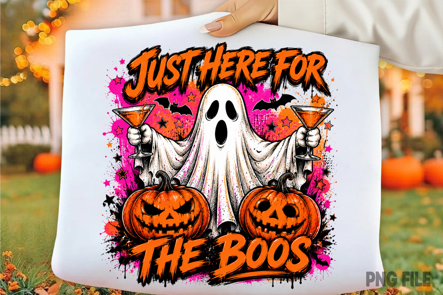 Just Here For The Boos PNG | Funny Ghost Halloween Pumpkin Cocktail Sublimation Design