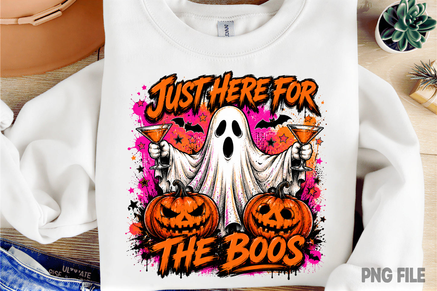 Just Here For The Boos PNG | Funny Ghost Halloween Pumpkin Cocktail Sublimation Design
