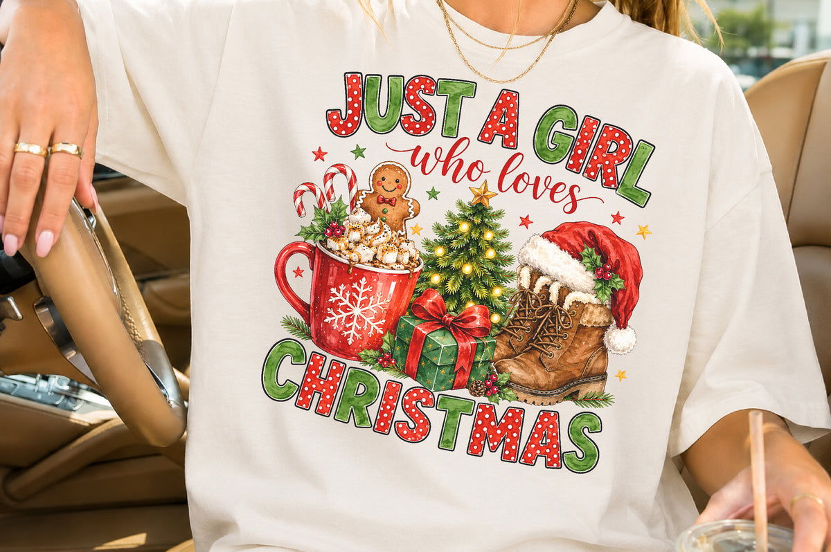 Just A Girl Who Loves Christmas PNG Cute Holiday Boots Cocoa Tree Sublimation Design