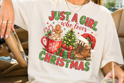 Just A Girl Who Loves Christmas PNG Cute Holiday Boots Cocoa Tree Sublimation Design