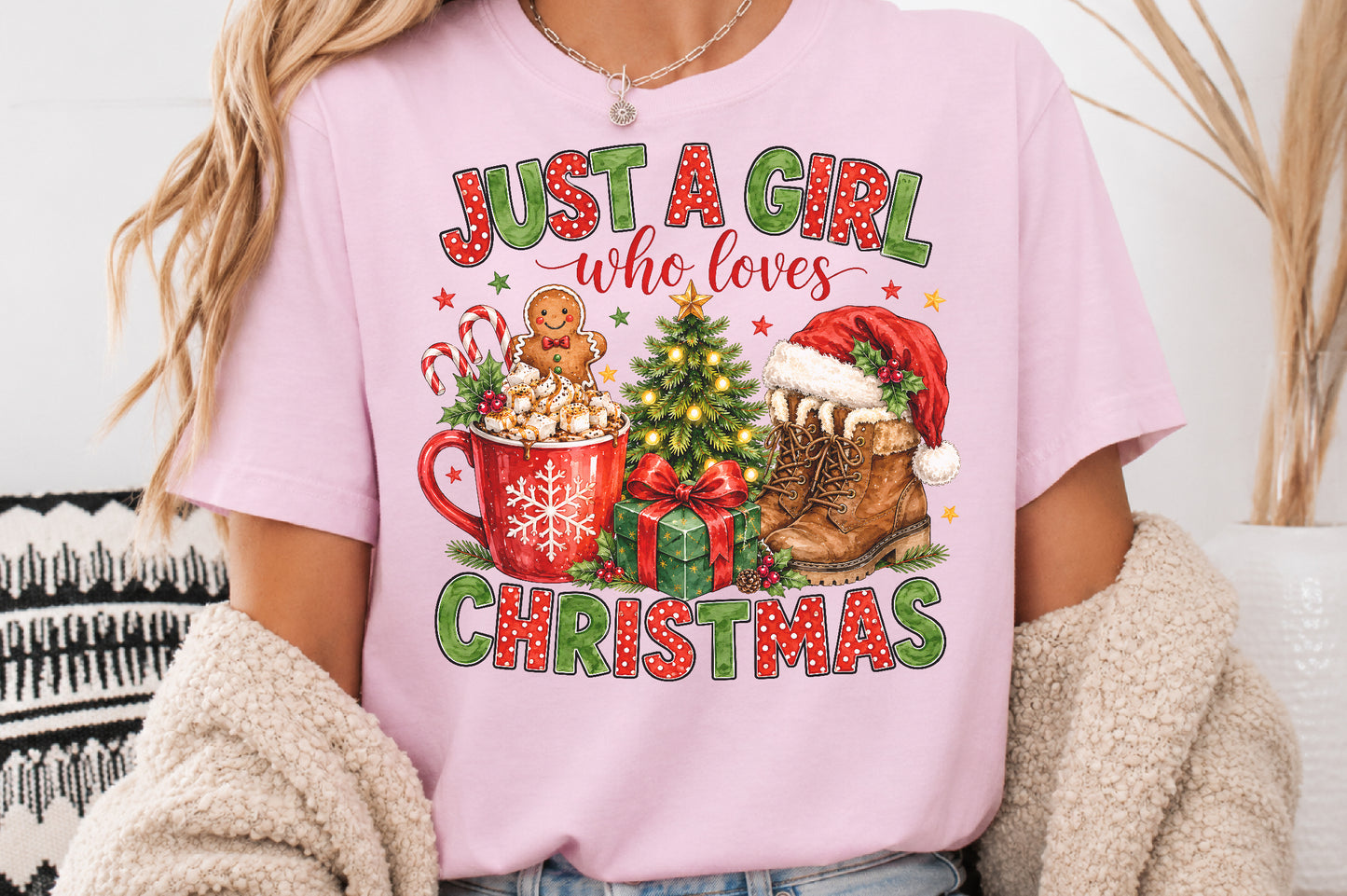 Just A Girl Who Loves Christmas PNG Cute Holiday Boots Cocoa Tree Sublimation Design