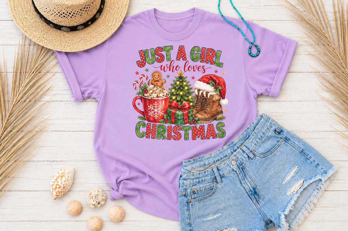 Just A Girl Who Loves Christmas PNG Cute Holiday Boots Cocoa Tree Sublimation Design