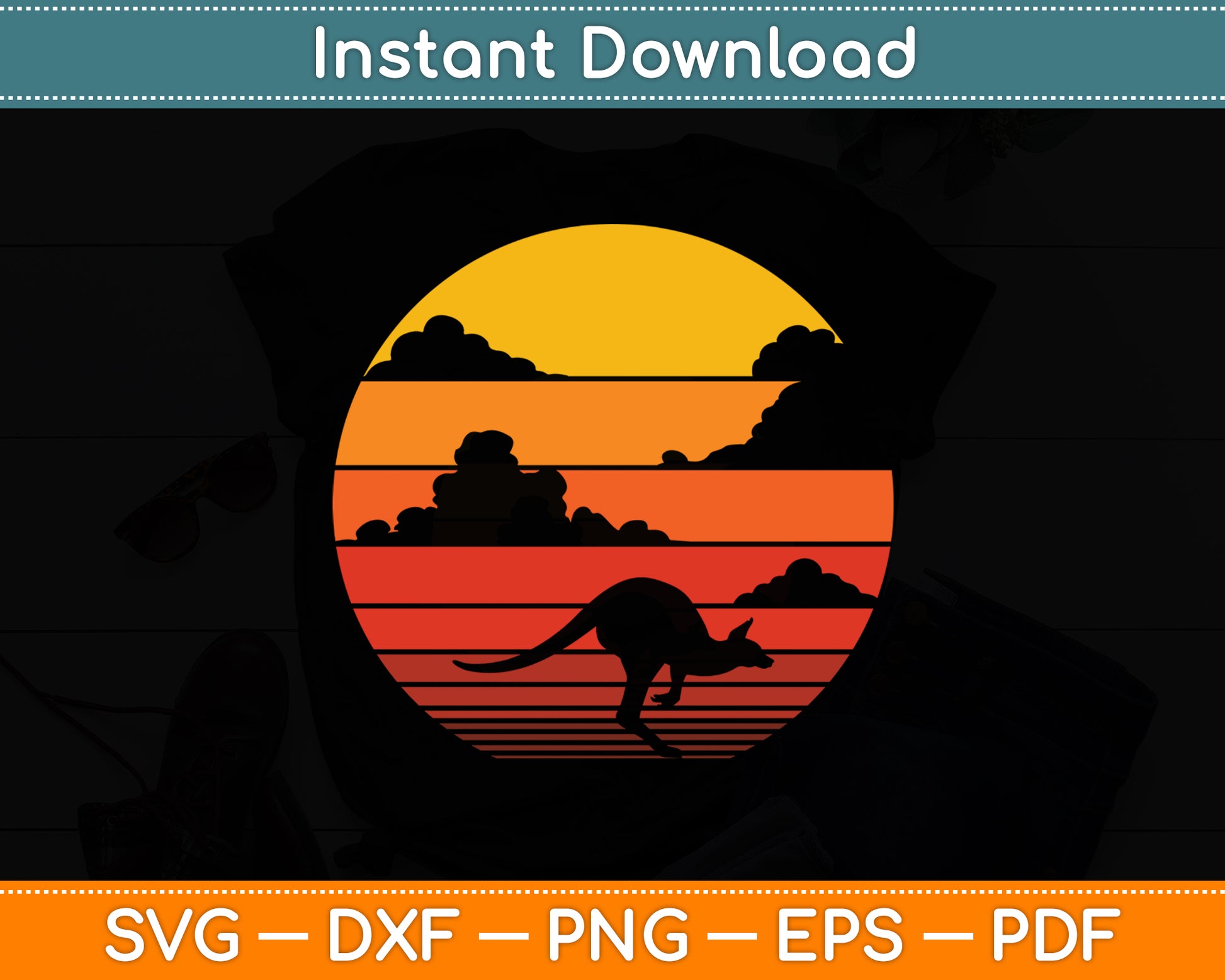 Kangaroo 60s 70s Sunset Buffalo Mammal Animal Retro Vintage Svg Digital Cutting File
