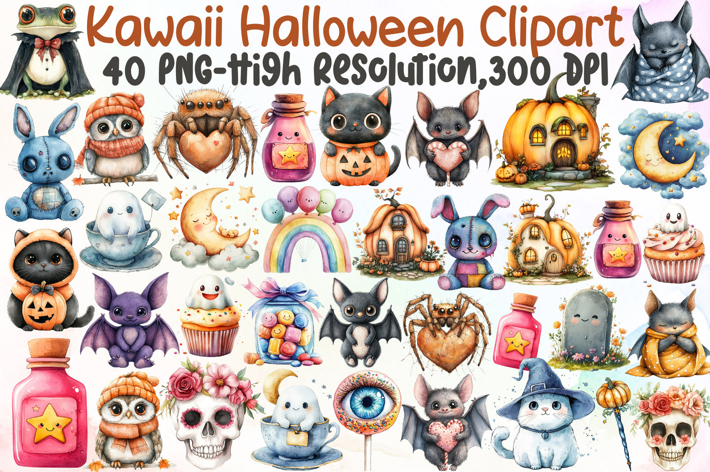 Kawaii Halloween Clipart Cute Spooky PNG Bundle
