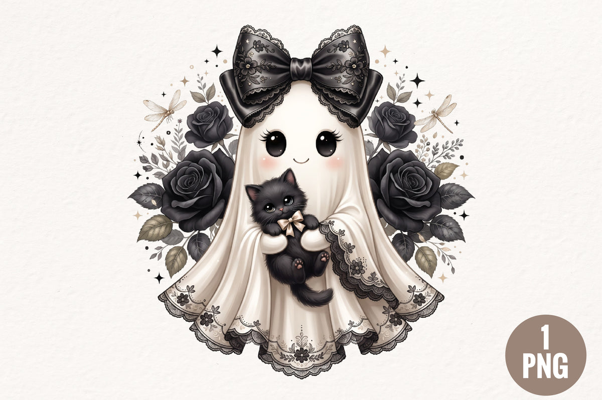 Kawaii Ghost Holding Black Kitten PNG