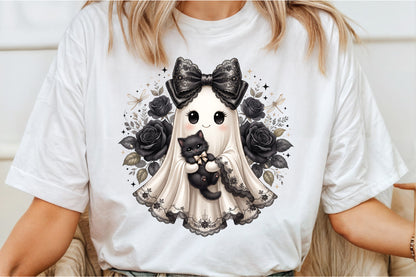 Kawaii Ghost Holding Black Kitten PNG