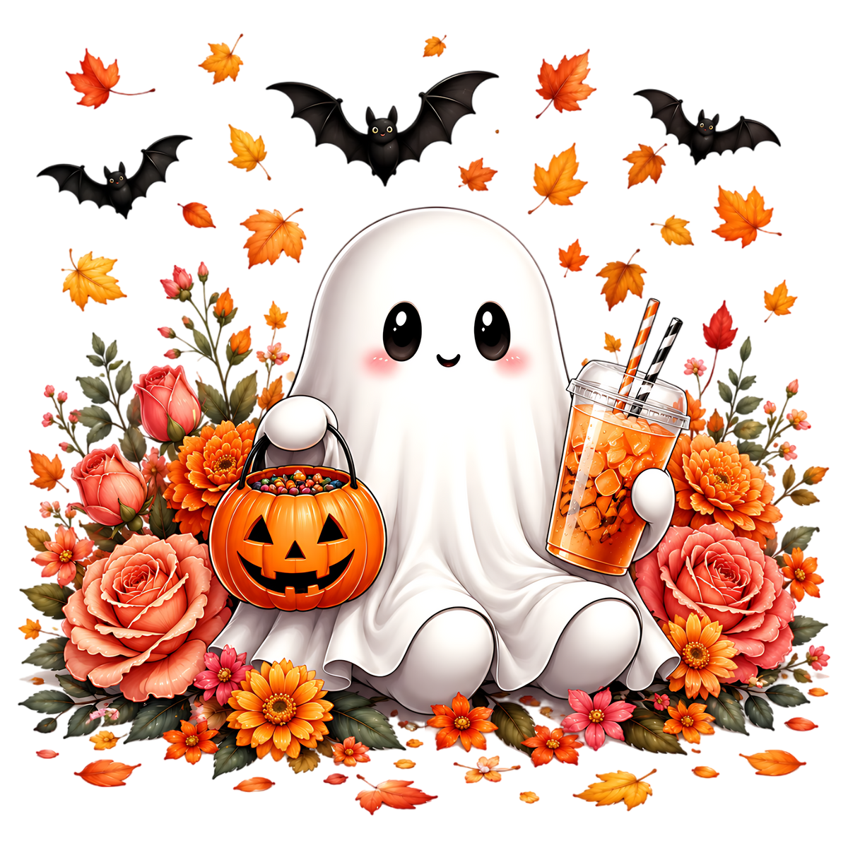 Kawaii Halloween Ghost PNG Cute Fall Floral Spooky Design