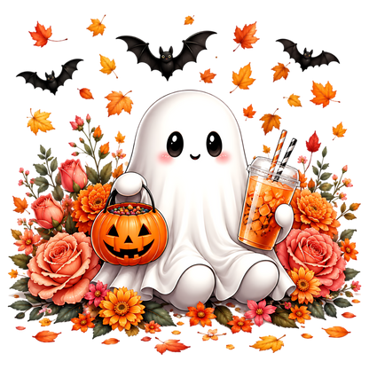 Kawaii Halloween Ghost PNG Cute Fall Floral Spooky Design