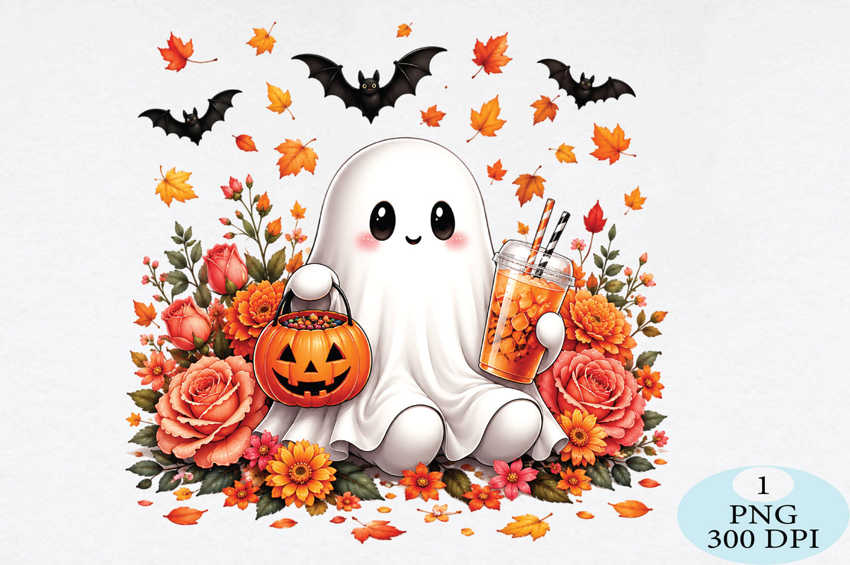 Kawaii Halloween Ghost PNG Cute Fall Floral Spooky Design