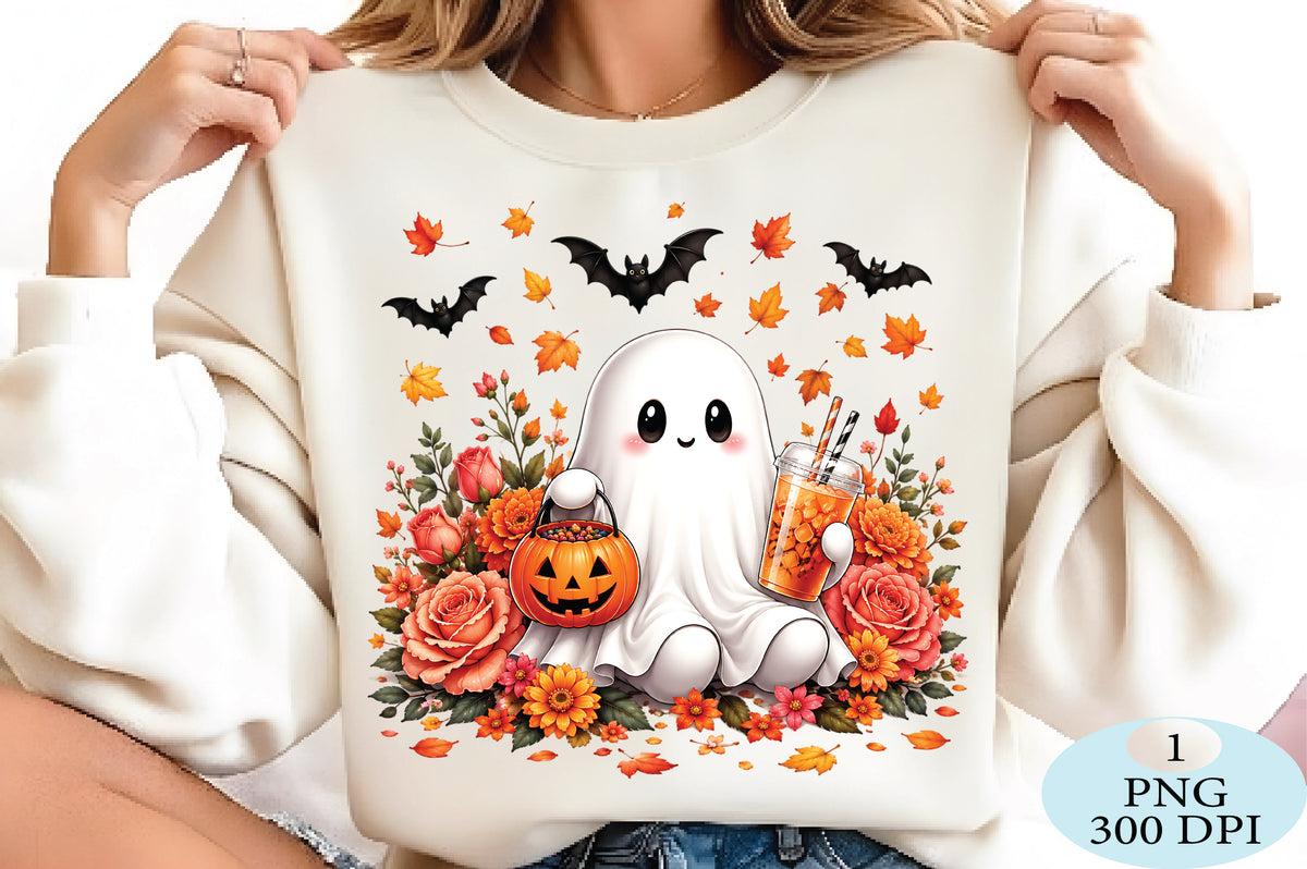 Kawaii Halloween Ghost PNG Cute Fall Floral Spooky Design