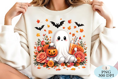 Kawaii Halloween Ghost PNG Cute Fall Floral Spooky Design