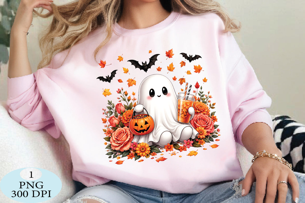 Kawaii Halloween Ghost PNG Cute Fall Floral Spooky Design
