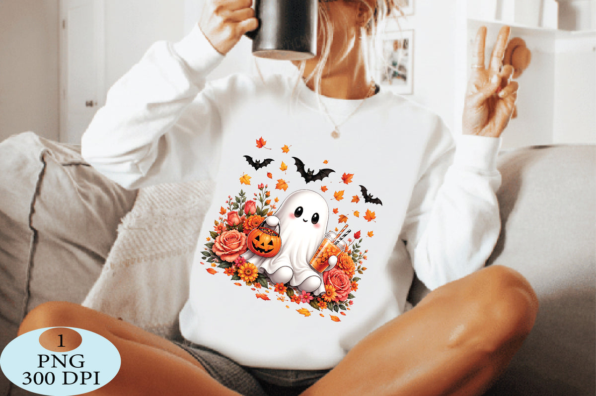 Kawaii Halloween Ghost PNG Cute Fall Floral Spooky Design