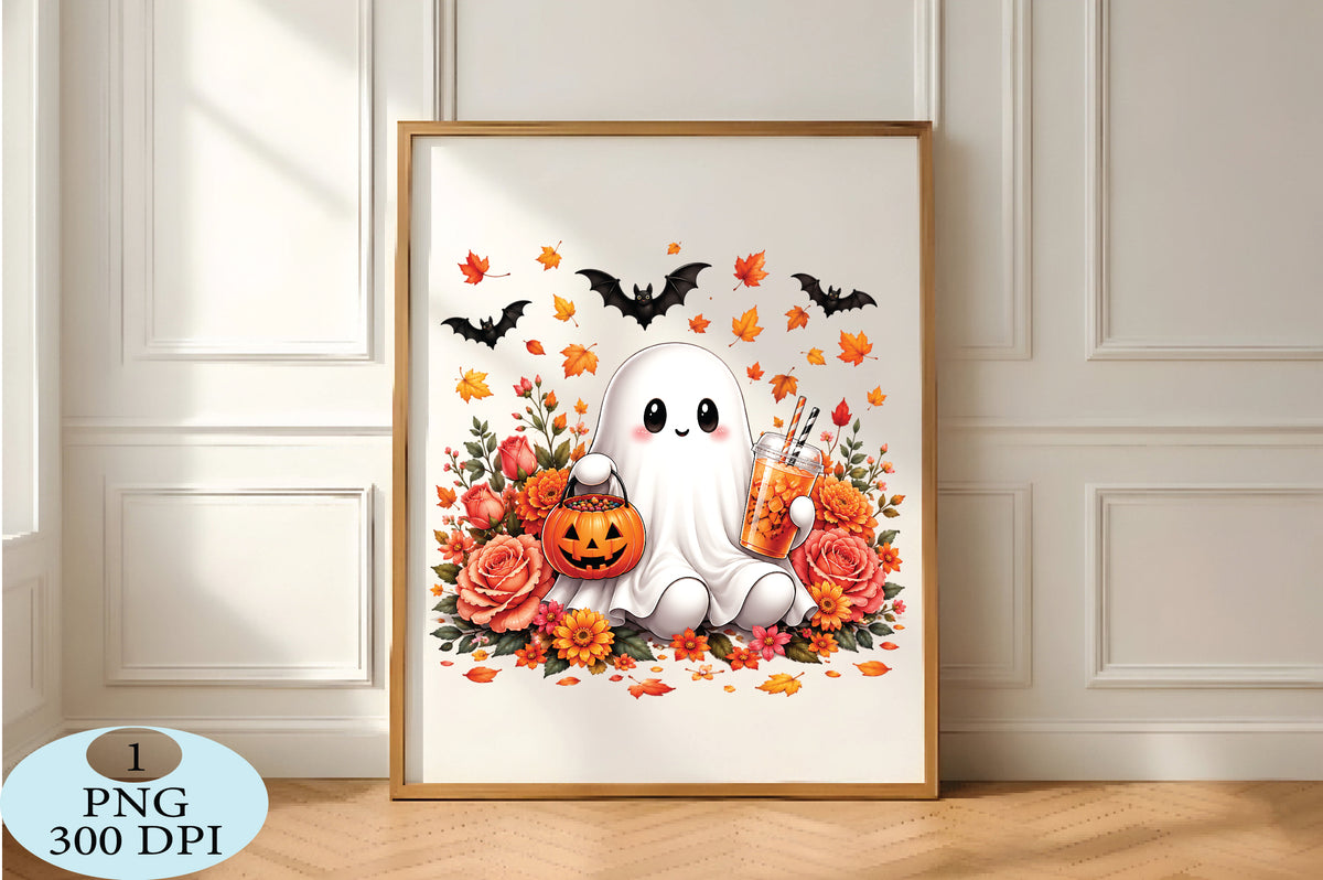 Kawaii Halloween Ghost PNG Cute Fall Floral Spooky Design