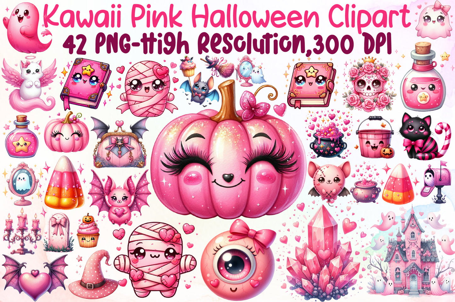 Kawaii Pink Halloween Clipart Cute Spooky PNG Bundle