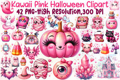 Kawaii Pink Halloween Clipart Cute Spooky PNG Bundle