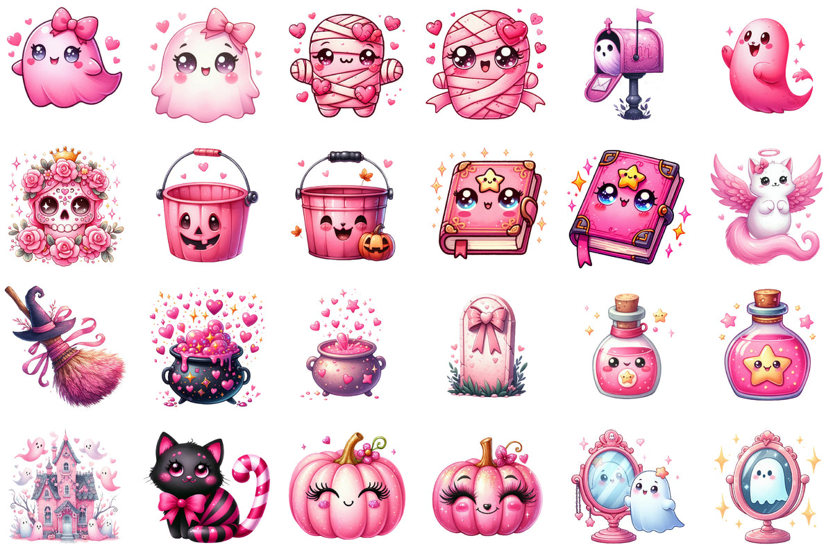 Kawaii Pink Halloween Clipart Cute Spooky PNG Bundle
