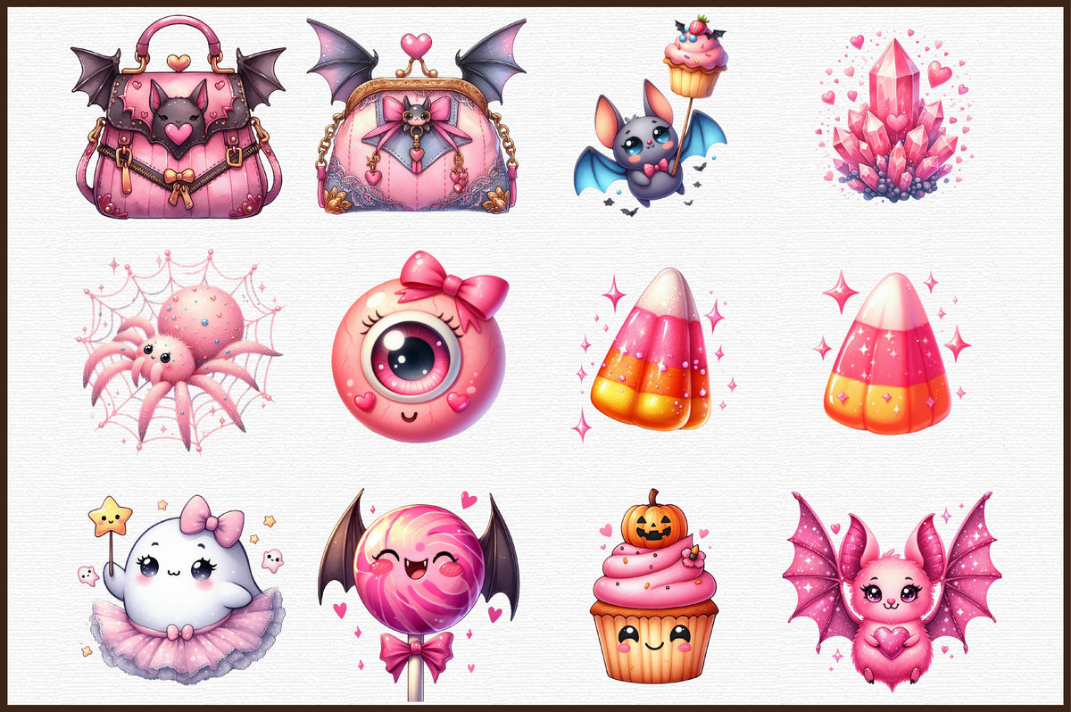 Kawaii Pink Halloween Clipart Cute Spooky PNG Bundle